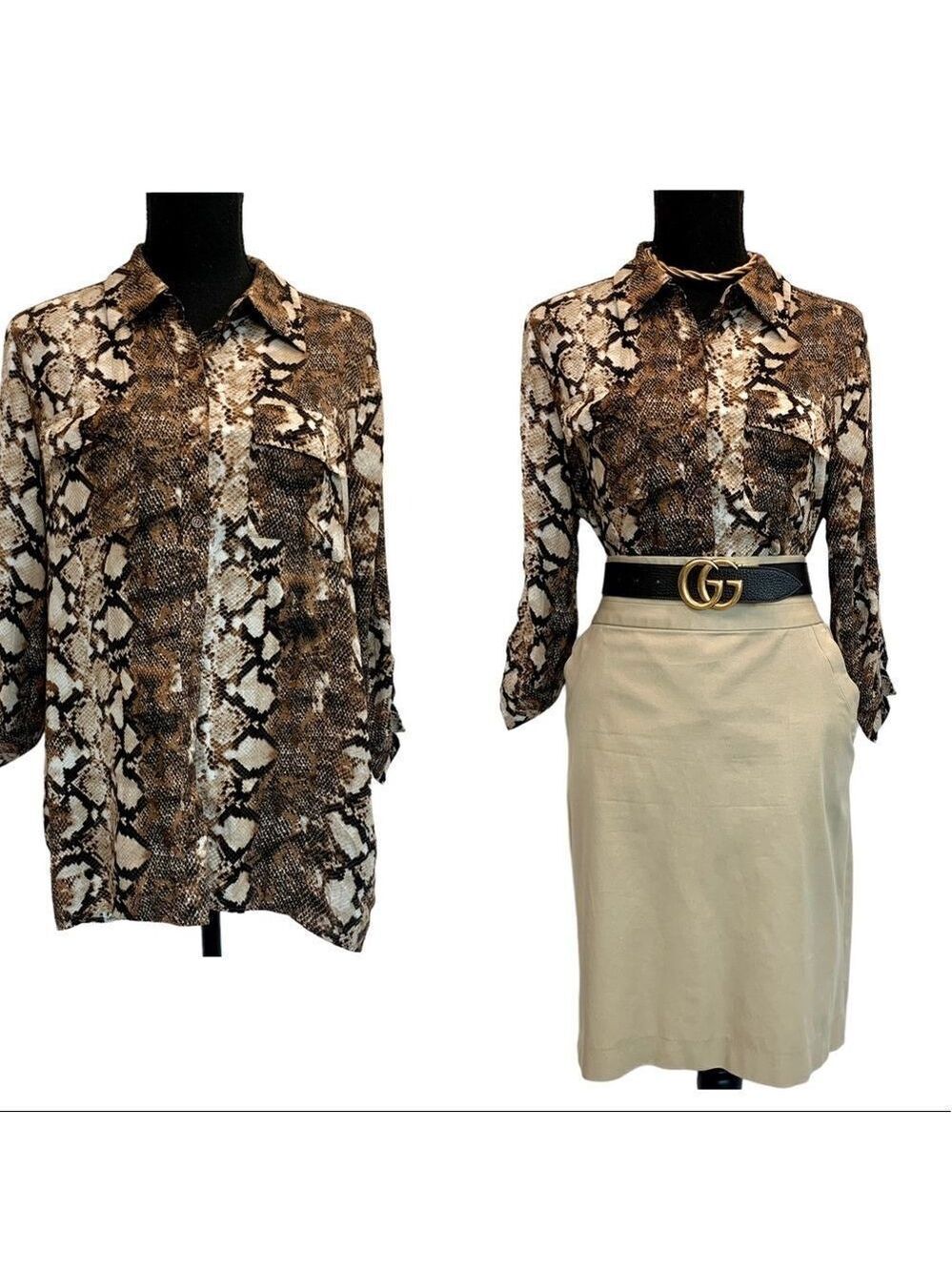 Brown tan animal snake print button down shirt Sz L